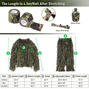 Seeutek Ghillie Suit 6 in 1 Gilly Suit, 3D Camouflage Hunting Apparel Gillie Suit Bush Costume Including Jacket, Pants, Hood, Carry Bag and Camo Tapes, Suitable for Men Hunting