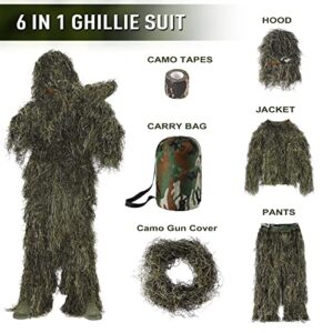 Seeutek Ghillie Suit 6 in 1 Gilly Suit, 3D Camouflage Hunting Apparel Gillie Suit Bush Costume Including Jacket, Pants, Hood, Carry Bag and Camo Tapes, Suitable for Men Hunting