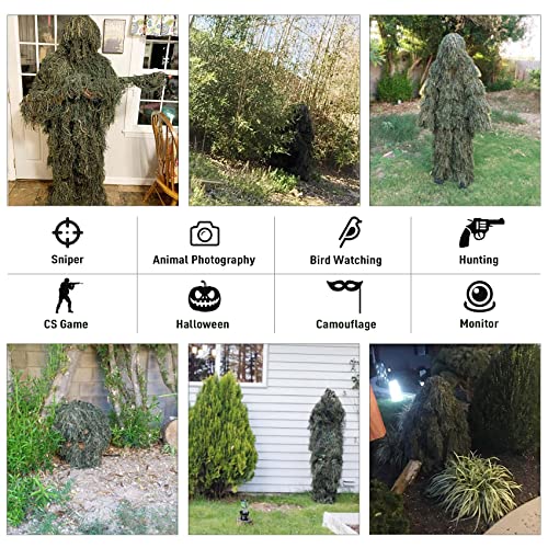 Seeutek Ghillie Suit 6 in 1 Gilly Suit, 3D Camouflage Hunting Apparel Gillie Suit Bush Costume Including Jacket, Pants, Hood, Carry Bag and Camo Tapes, Suitable for Men Hunting