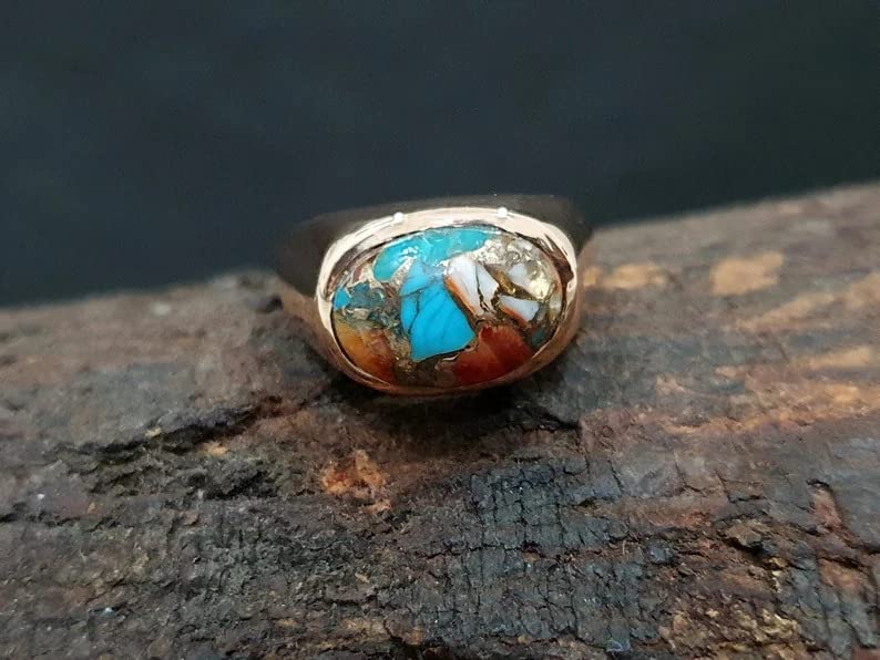 Oyster Turquoise Ring for Men and Women Sterling Silver rings Handmade engagement Jewelry Copper Birthstone Gemstone (Sterling Silver, 10)