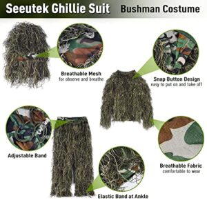 Seeutek Ghillie Suit 6 in 1 Gilly Suit, 3D Camouflage Hunting Apparel Gillie Suit Bush Costume Including Jacket, Pants, Hood, Carry Bag and Camo Tapes, Suitable for Men Hunting