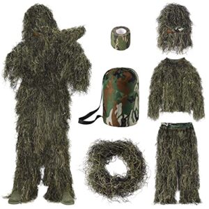 seeutek ghillie suit 6 in 1 gilly suit, 3d camouflage hunting apparel gillie suit bush costume including jacket, pants, hood, carry bag and camo tapes, suitable for men hunting