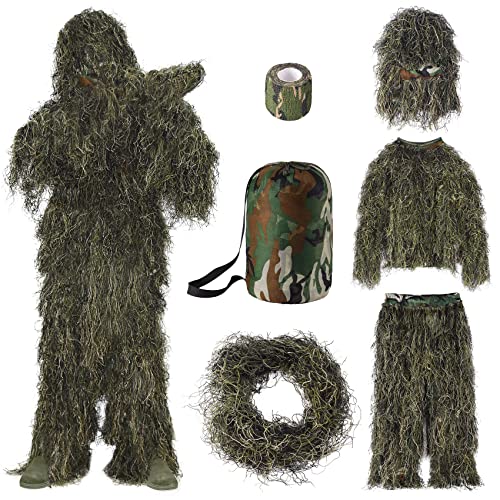 Seeutek Ghillie Suit 6 in 1 Gilly Suit, 3D Camouflage Hunting Apparel Gillie Suit Bush Costume Including Jacket, Pants, Hood, Carry Bag and Camo Tapes, Suitable for Men Hunting