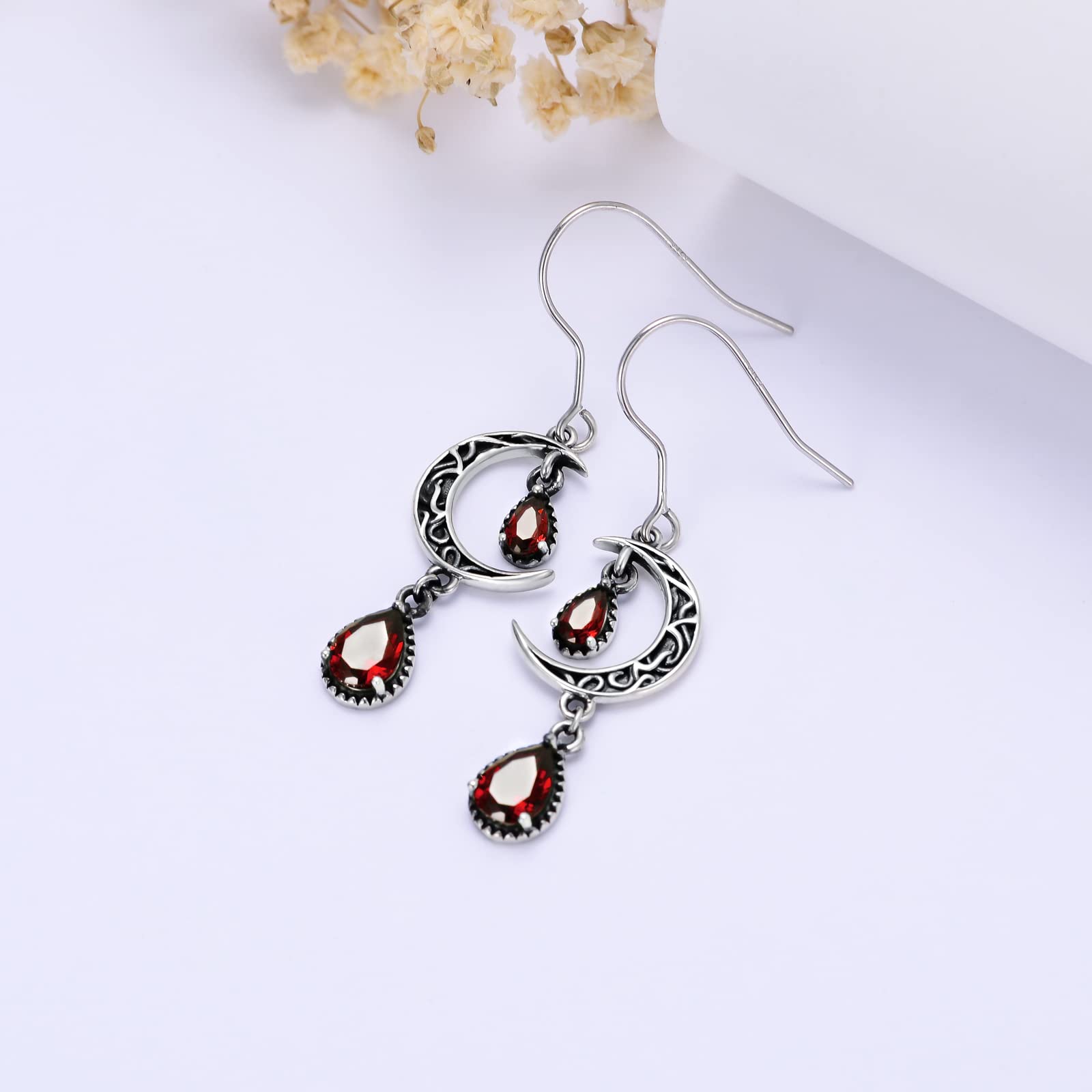 VONALA Celtic Moon Earrings 925 Sterling Silver Created Ruby Dangle Earrings for Women Red Ruby Dangling Earrings Ruby Jewelry Gifts for Women