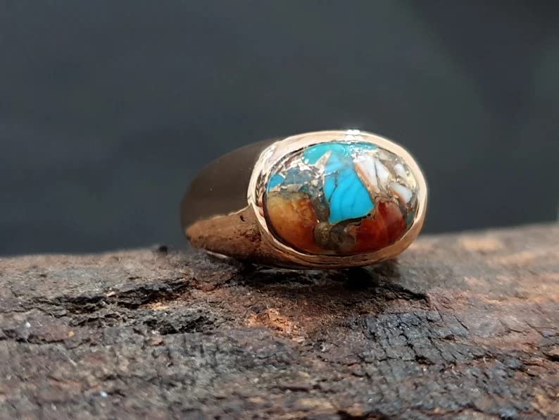 Oyster Turquoise Ring for Men and Women Sterling Silver rings Handmade engagement Jewelry Copper Birthstone Gemstone (Sterling Silver, 10)