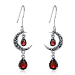 VONALA Celtic Moon Earrings 925 Sterling Silver Created Ruby Dangle Earrings for Women Red Ruby Dangling Earrings Ruby Jewelry Gifts for Women