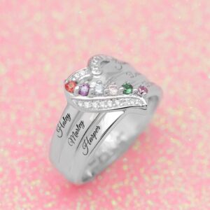 Tribitneer Personalized Birthstone Rings with 6 Names 925 Sterling Silver Heart Custom Engraved Ring Wedding Band