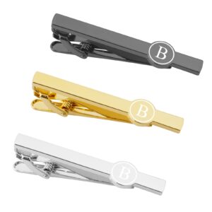 Dannyshi Tie Clips for Men, Black Gold Silver 2.1inch Initial Alphabet Letter Tie Clip Bar Set (B)