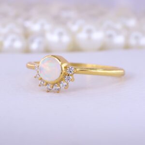 Crown White Opal Diamond Ring Yellow Gold Engagement Ring Unique Art Deco Ring October Birthstone Jewelry Statement Gift For Her BY KANISHKA GEMS JEWELS