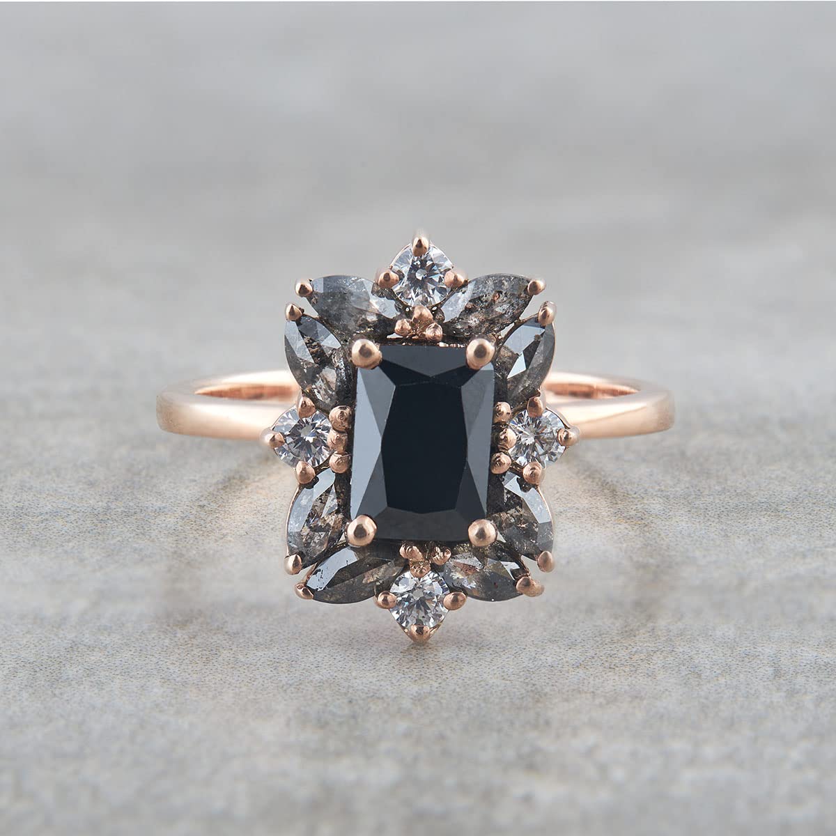 Natural Black Diamond Engagement Ring Marquise Rose Cut Salt and Pepper Diamond Ring Rose Gold Finish 925 Silver (6)