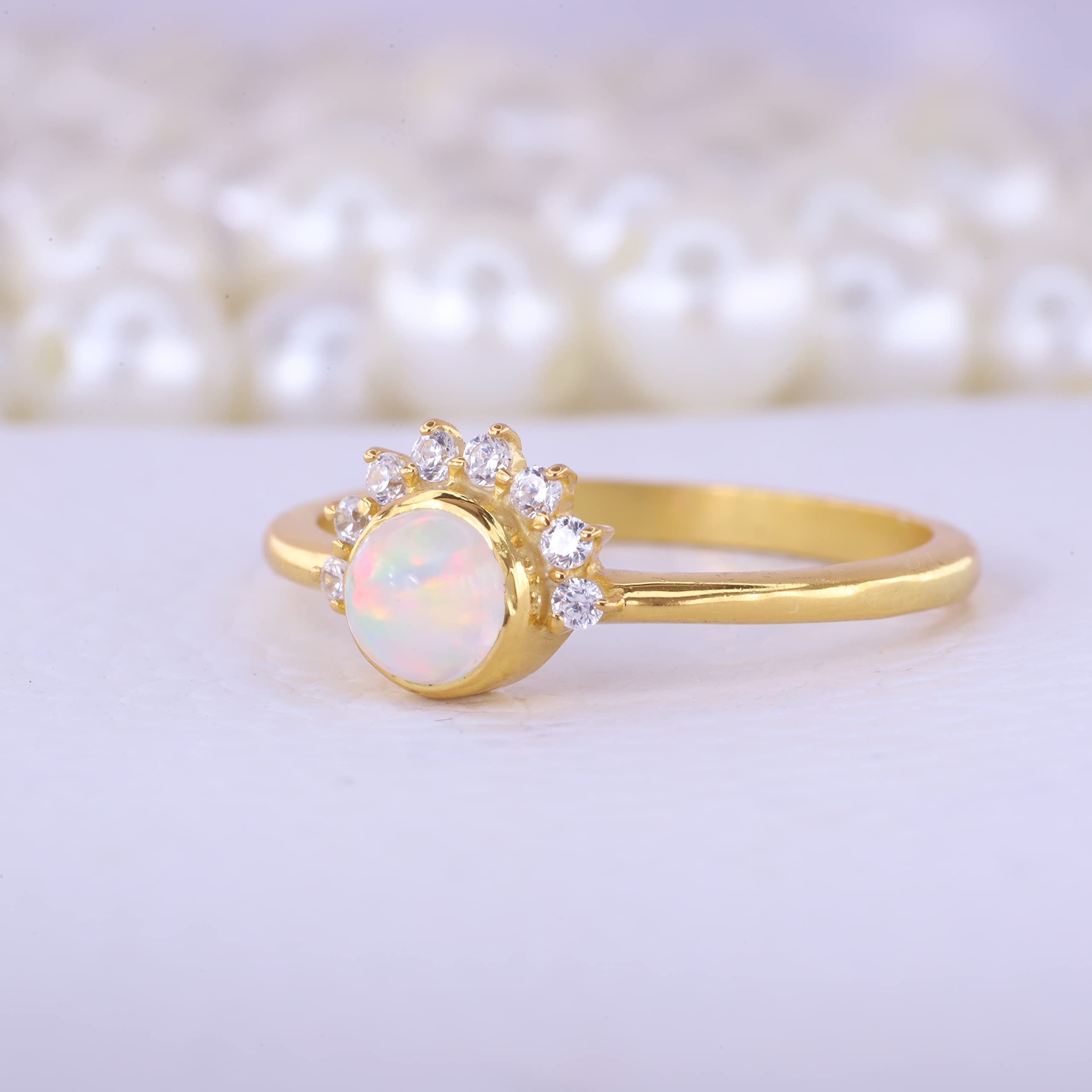 Crown White Opal Diamond Ring Yellow Gold Engagement Ring Unique Art Deco Ring October Birthstone Jewelry Statement Gift For Her BY KANISHKA GEMS JEWELS