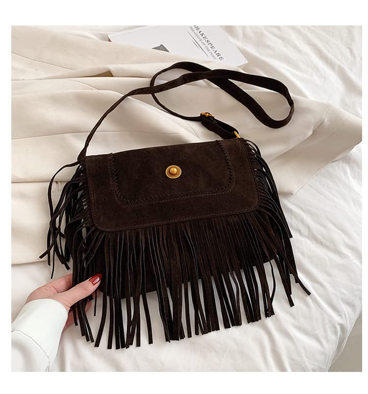 Vintage Western Cowgirl Style Fringe Crossbody Bags Country Women Hobo Hippie Grunge Tassel Faux Suede Shoulder Bags (Coffee,One Size)