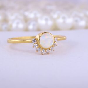 Crown White Opal Diamond Ring Yellow Gold Engagement Ring Unique Art Deco Ring October Birthstone Jewelry Statement Gift For Her BY KANISHKA GEMS JEWELS