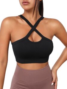 cozyease women's criss cross ribbed knit sports bra seamless crop top yoga bras black s