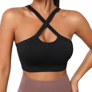 COZYEASE Women's Criss Cross Ribbed Knit Sports Bra Seamless Crop Top Yoga Bras Black S