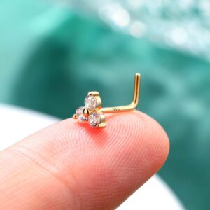 COCHARM 14k Solid Gold Nose Stud for Women 20g Real Gold Triple CZ Flower Nose Stud Nose Ring 20g Cluster Nose Studs Nose Piercing