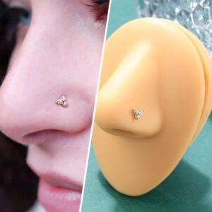 COCHARM 14k Solid Gold Nose Stud for Women 20g Real Gold Triple CZ Flower Nose Stud Nose Ring 20g Cluster Nose Studs Nose Piercing