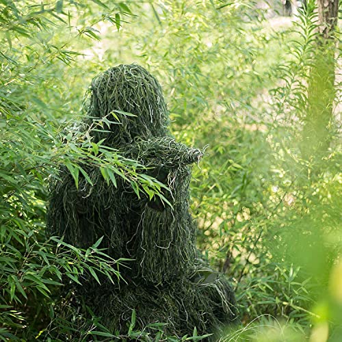 Seeutek Ghillie Suit 6 in 1 Gilly Suit, 3D Camouflage Hunting Apparel Gillie Suit Bush Costume Including Jacket, Pants, Hood, Carry Bag and Camo Tapes, Suitable for Men Hunting