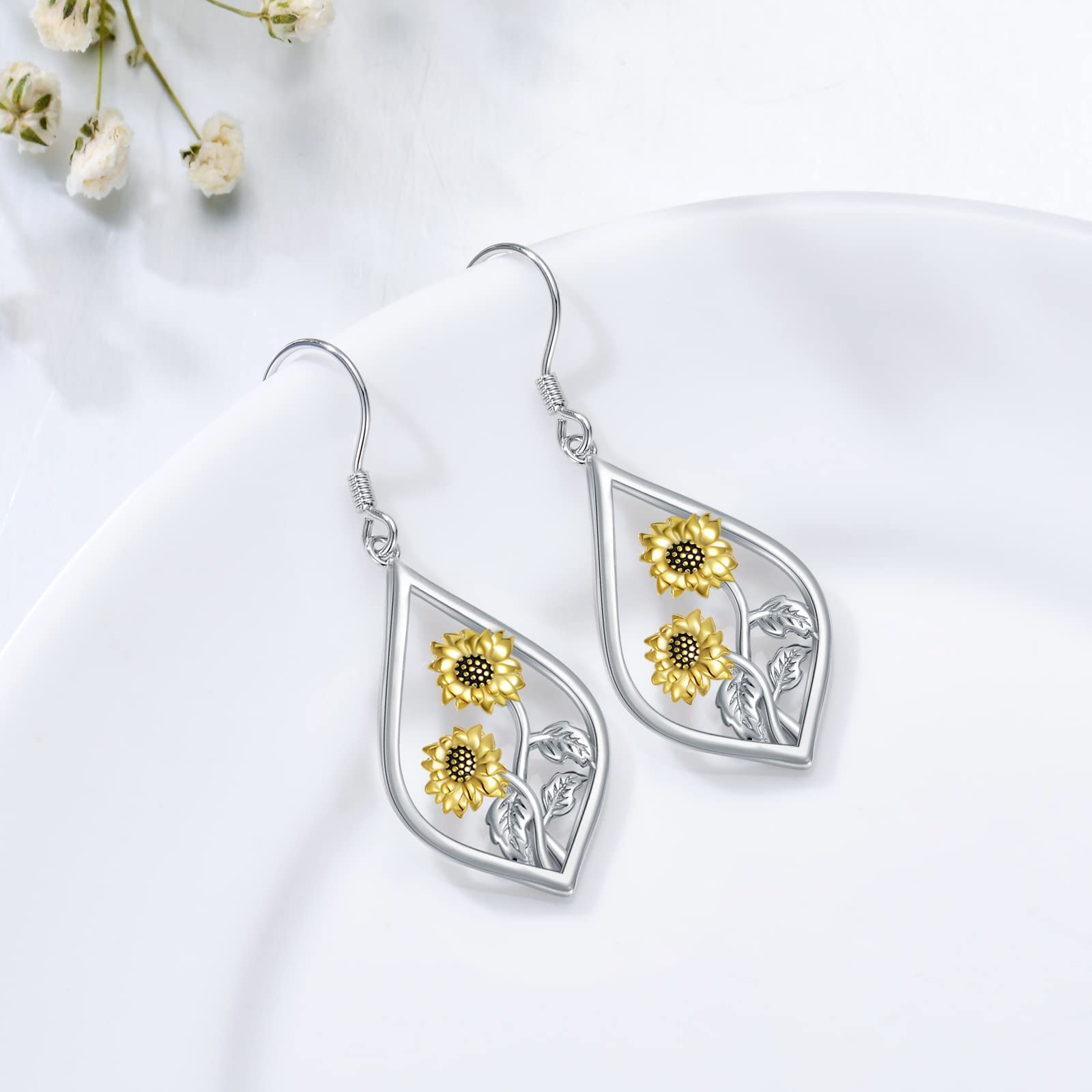 Sunflower Earrings Sterling Silver Flower Floral Dangle Dangling Drop Charm Earrings Boho Jewelry Christmas Gifts for Women