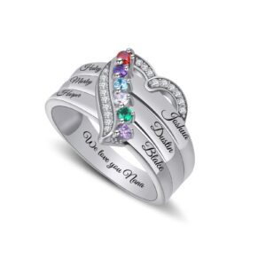 Tribitneer Personalized Birthstone Rings with 6 Names 925 Sterling Silver Heart Custom Engraved Ring Wedding Band