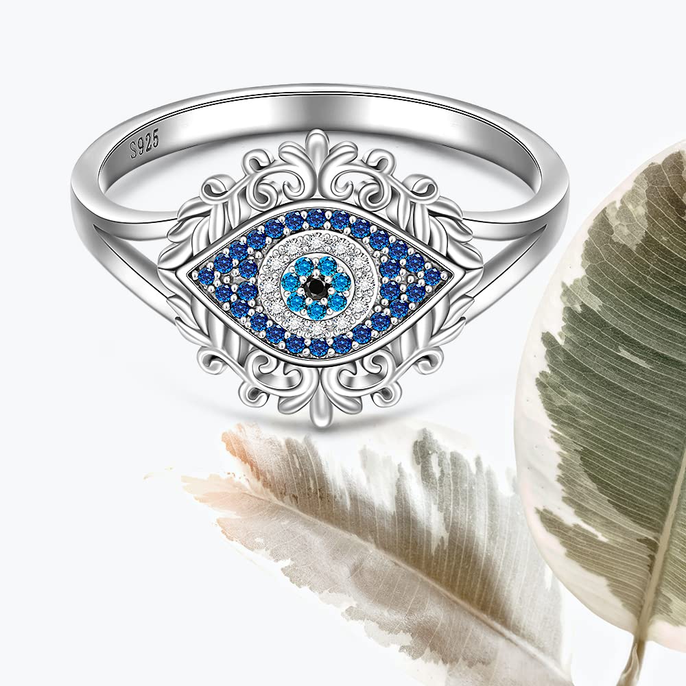 Sterling Silver Evil Eye Ring Spiritual Blue third Turkish Evil Eye Rings Inspirational Faith for Women Jewelry Size 7