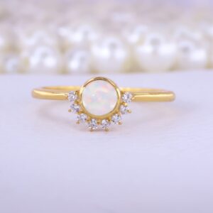 Crown White Opal Diamond Ring Yellow Gold Engagement Ring Unique Art Deco Ring October Birthstone Jewelry Statement Gift For Her BY KANISHKA GEMS JEWELS