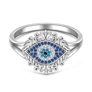 Sterling Silver Evil Eye Ring Spiritual Blue third Turkish Evil Eye Rings Inspirational Faith for Women Jewelry Size 7