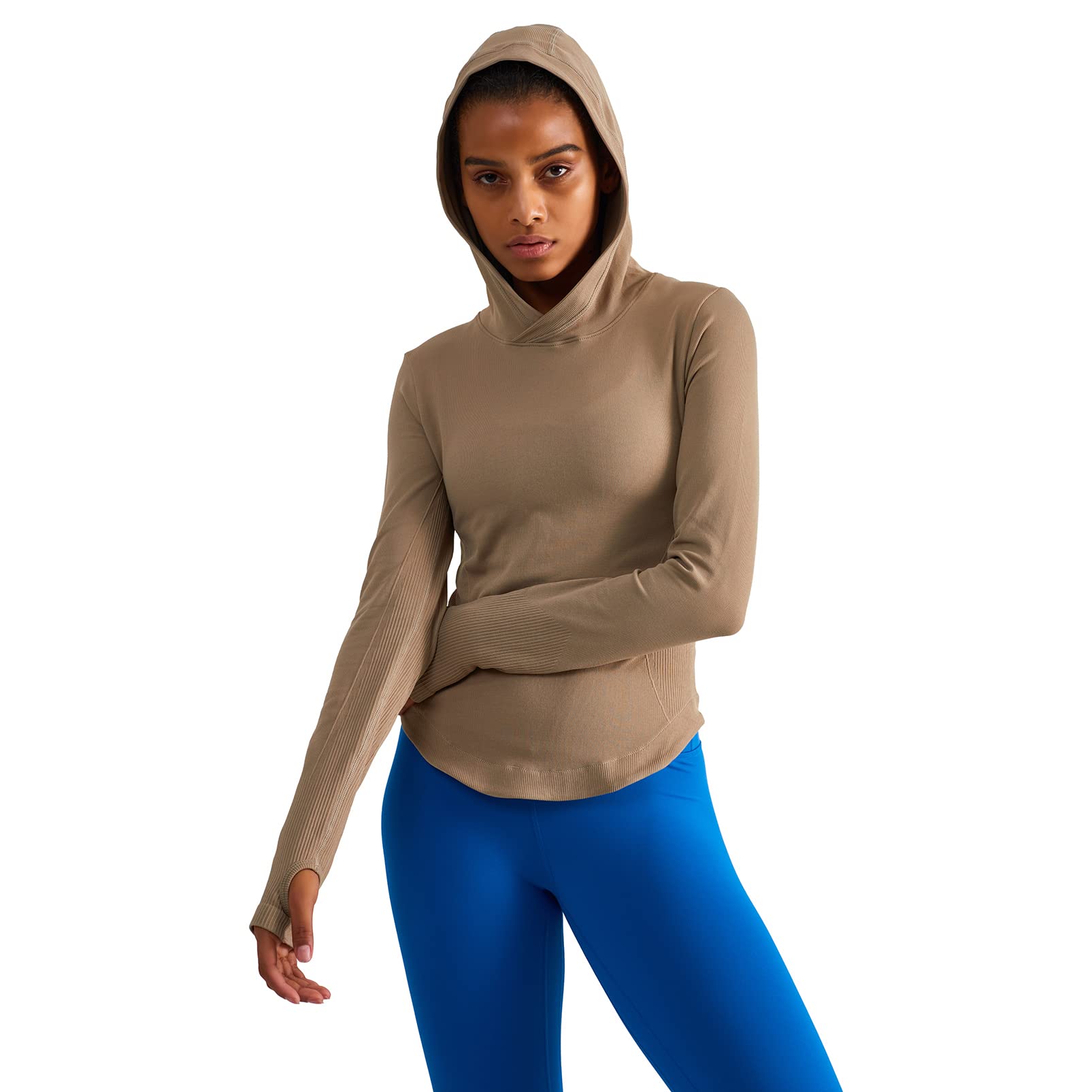 sphinx cat Womens Hooded Athletic Long Sleeve Running Shirts Workout Yoga Tops with Thumb Holes Slim Fit Brown L