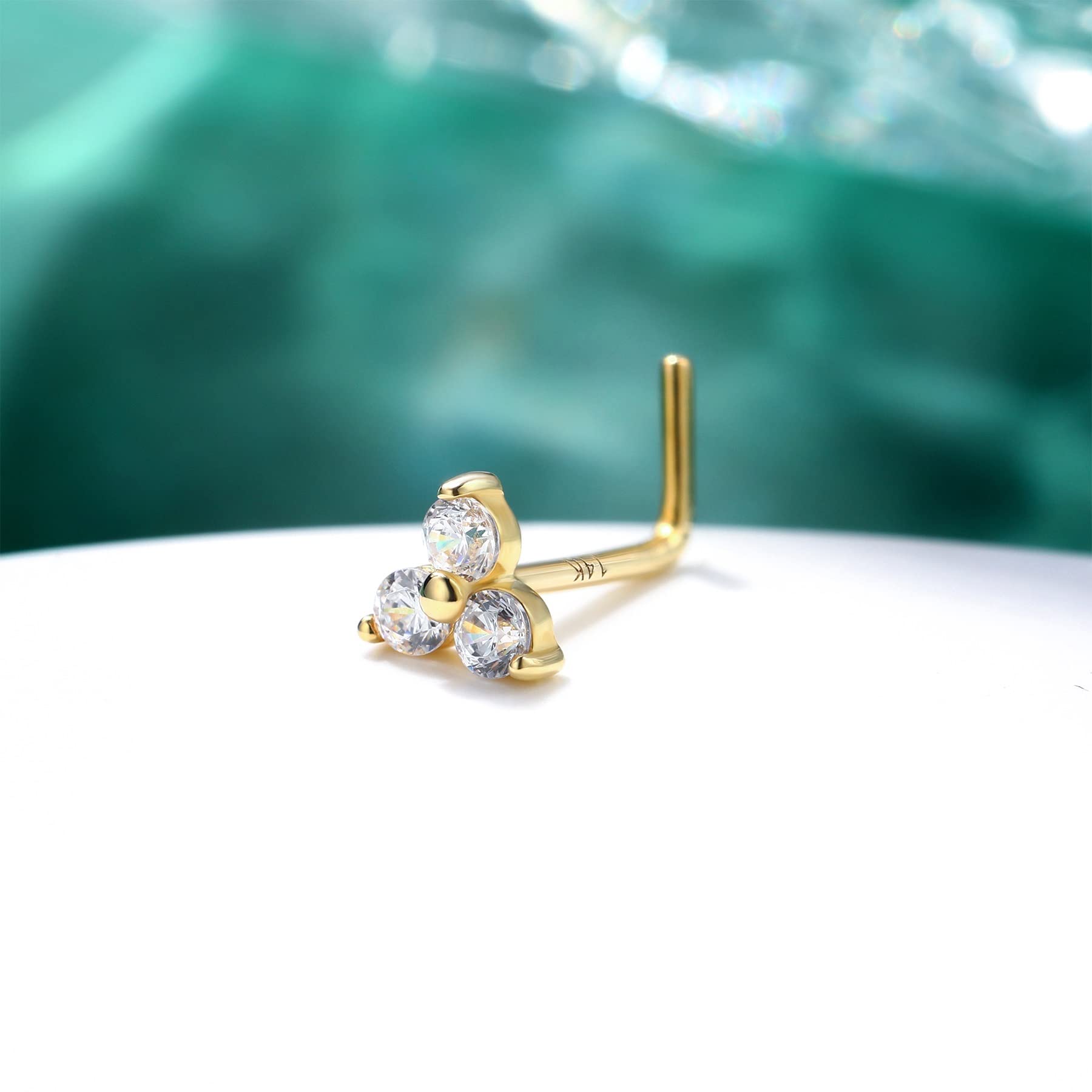 COCHARM 14k Solid Gold Nose Stud for Women 20g Real Gold Triple CZ Flower Nose Stud Nose Ring 20g Cluster Nose Studs Nose Piercing