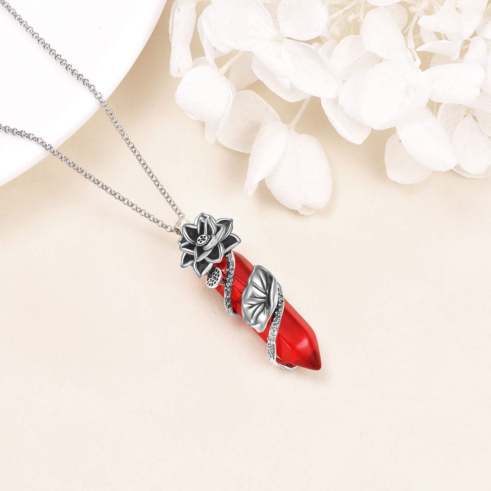 CRMAD Lotus July Flower Necklace for Women Sterling Silver Red Quartz Healing Stone Crystal Jewelry Mothers Day Birthday Gifts for Mom (07-July)