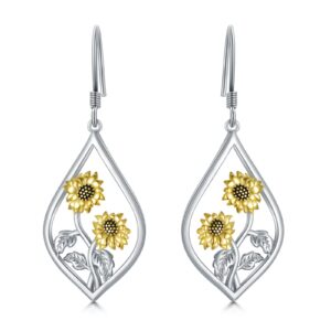 Sunflower Earrings Sterling Silver Flower Floral Dangle Dangling Drop Charm Earrings Boho Jewelry Christmas Gifts for Women