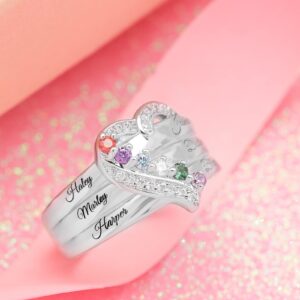 Tribitneer Personalized Birthstone Rings with 6 Names 925 Sterling Silver Heart Custom Engraved Ring Wedding Band