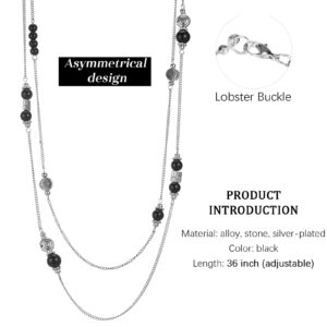 BULINLIN Layered Silver Long Necklace for Women Turquoise Stone Beaded Strand Sweater Chain Necklaces Fashion Costume Jewelry Gifts for Mom(Black)