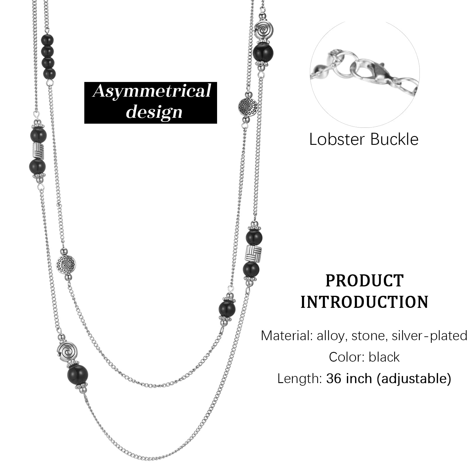 BULINLIN Layered Silver Long Necklace for Women Turquoise Stone Beaded Strand Sweater Chain Necklaces Fashion Costume Jewelry Gifts for Mom(Black)