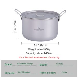 Boundless Voyage Camping Cookware Lightweight Cooking Pot Set Titanium Pot Portable for Outdoor Cooking Traveling Hiking Trekking Backpacking, 1-5 Person (2.4-Pot)