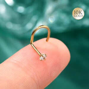 COCHARM 10k Solid Gold Clear CZ Nose Stud 20g 10K Yellow Gold Nose Screw Nose Rings Hypoallergenic S Shape Nose Piercing For Women Men