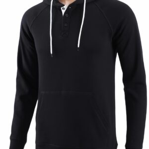 Vetemin Men's Casual Athletic Midweight Comfy Soft Fleece Active Sports Pullover Henley Hoodie Sweatshirt Black/H.Oatmeal L