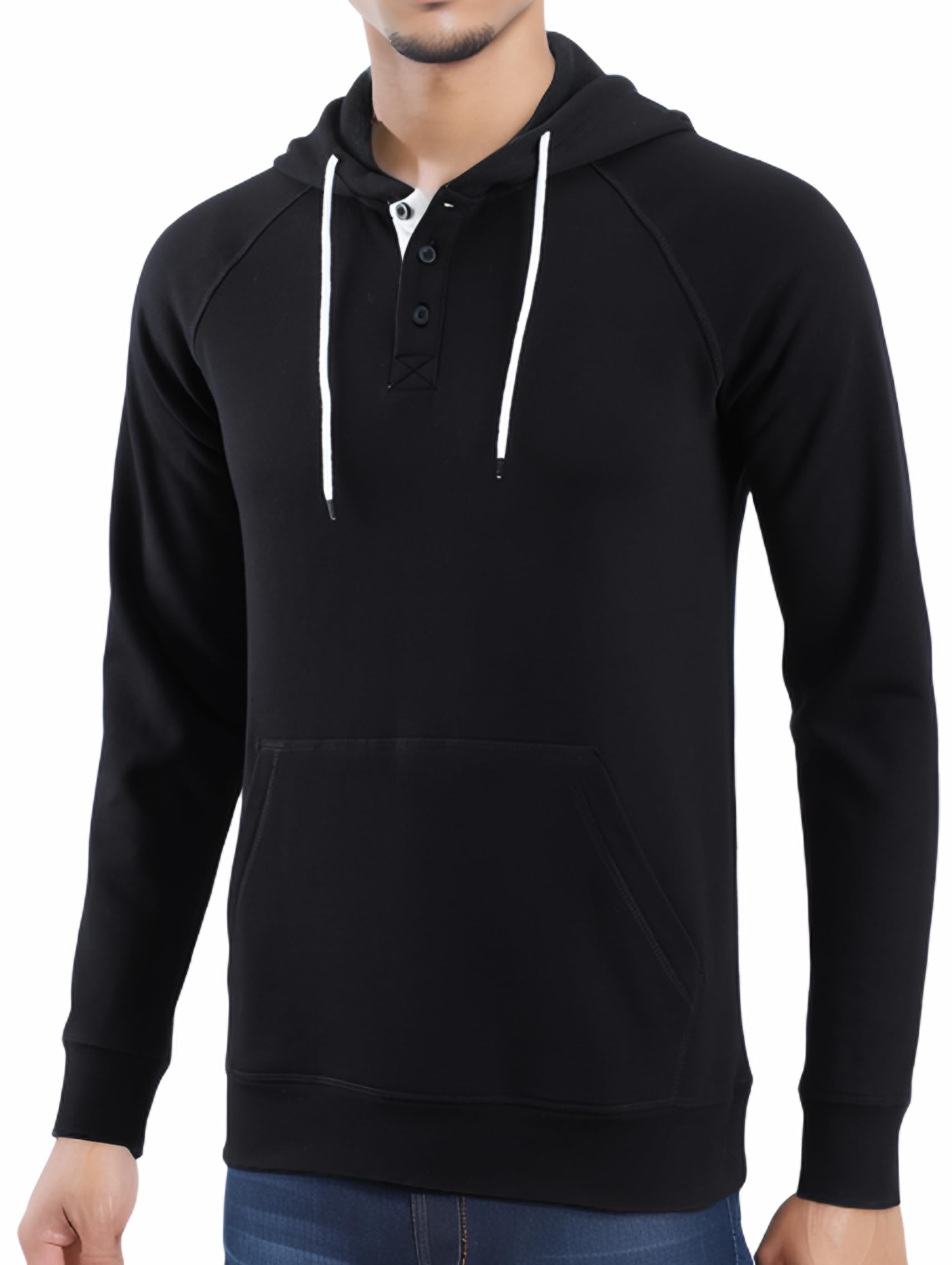 Vetemin Men's Casual Athletic Midweight Comfy Soft Fleece Active Sports Pullover Henley Hoodie Sweatshirt Black/H.Oatmeal L