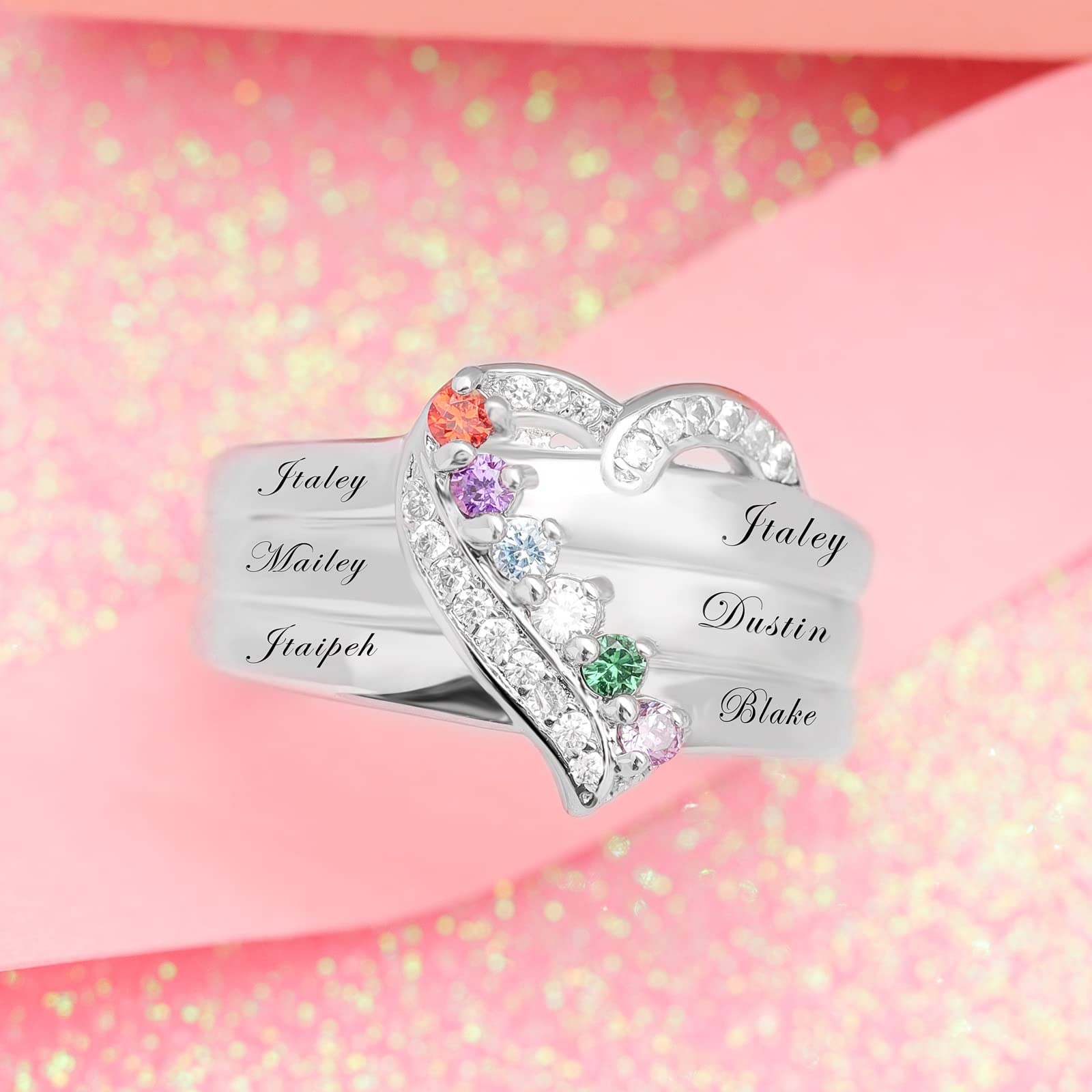 Tribitneer Personalized Birthstone Rings with 6 Names 925 Sterling Silver Heart Custom Engraved Ring Wedding Band