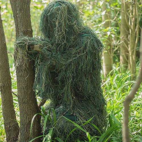 Seeutek Ghillie Suit 6 in 1 Gilly Suit, 3D Camouflage Hunting Apparel Gillie Suit Bush Costume Including Jacket, Pants, Hood, Carry Bag and Camo Tapes, Suitable for Men Hunting