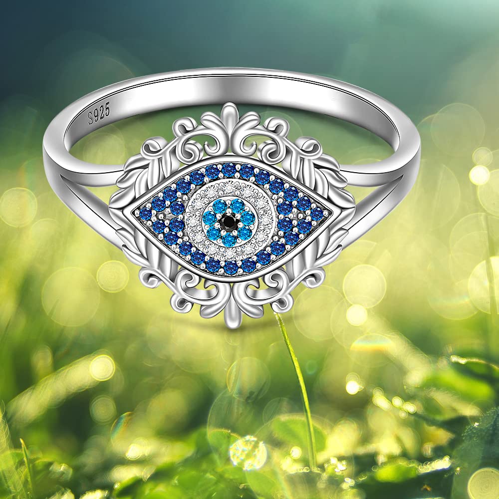 Sterling Silver Evil Eye Ring Spiritual Blue third Turkish Evil Eye Rings Inspirational Faith for Women Jewelry Size 7