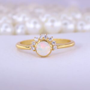 Crown White Opal Diamond Ring Yellow Gold Engagement Ring Unique Art Deco Ring October Birthstone Jewelry Statement Gift For Her BY KANISHKA GEMS JEWELS