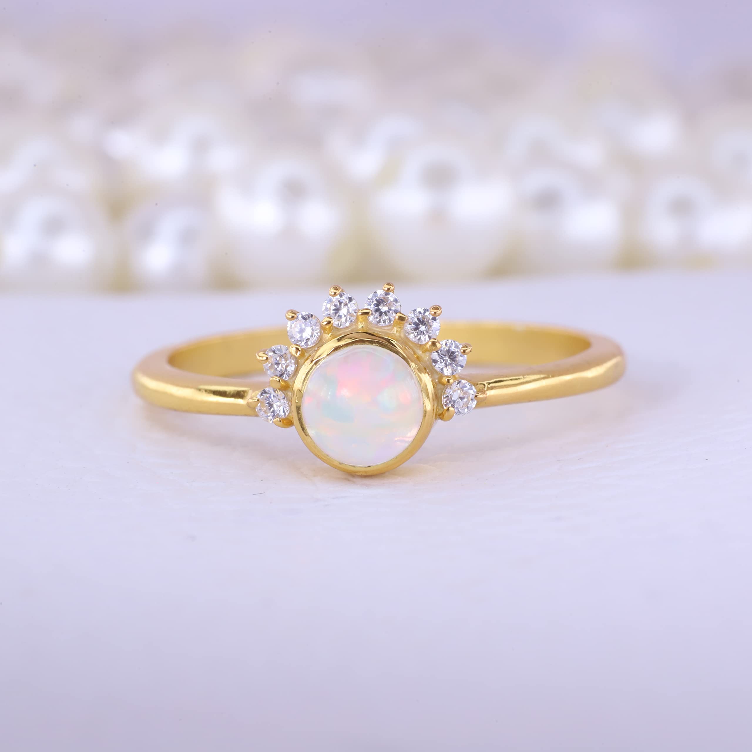 Crown White Opal Diamond Ring Yellow Gold Engagement Ring Unique Art Deco Ring October Birthstone Jewelry Statement Gift For Her BY KANISHKA GEMS JEWELS