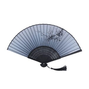 Natudeco Bamboo Fan Black Bone Plum Blossom Pattern Antique Style Chinese Folding Fan Decoration for Dance Performance Costume Accessory Gift