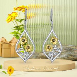 Sunflower Earrings Sterling Silver Flower Floral Dangle Dangling Drop Charm Earrings Boho Jewelry Christmas Gifts for Women