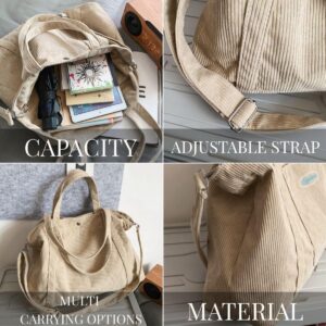 MadGrandeur Corduroy Tote Bag for Women Cute Tote Bags for School Crossbody Tote Bag Aesthetic Large Purse (Khaki)