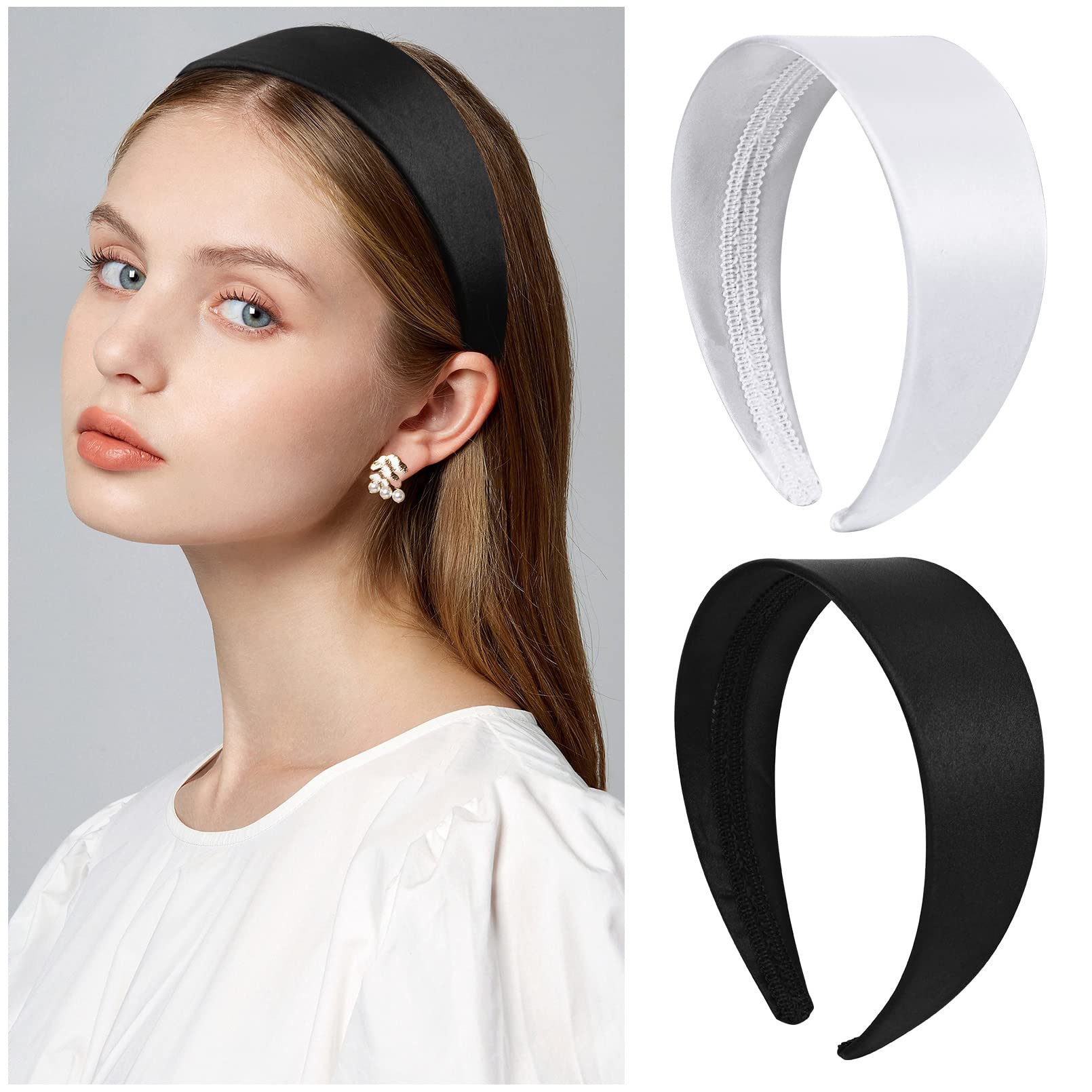 DEEKA 2 Inch Wide Satin Headband for Women and Girls -White/Black