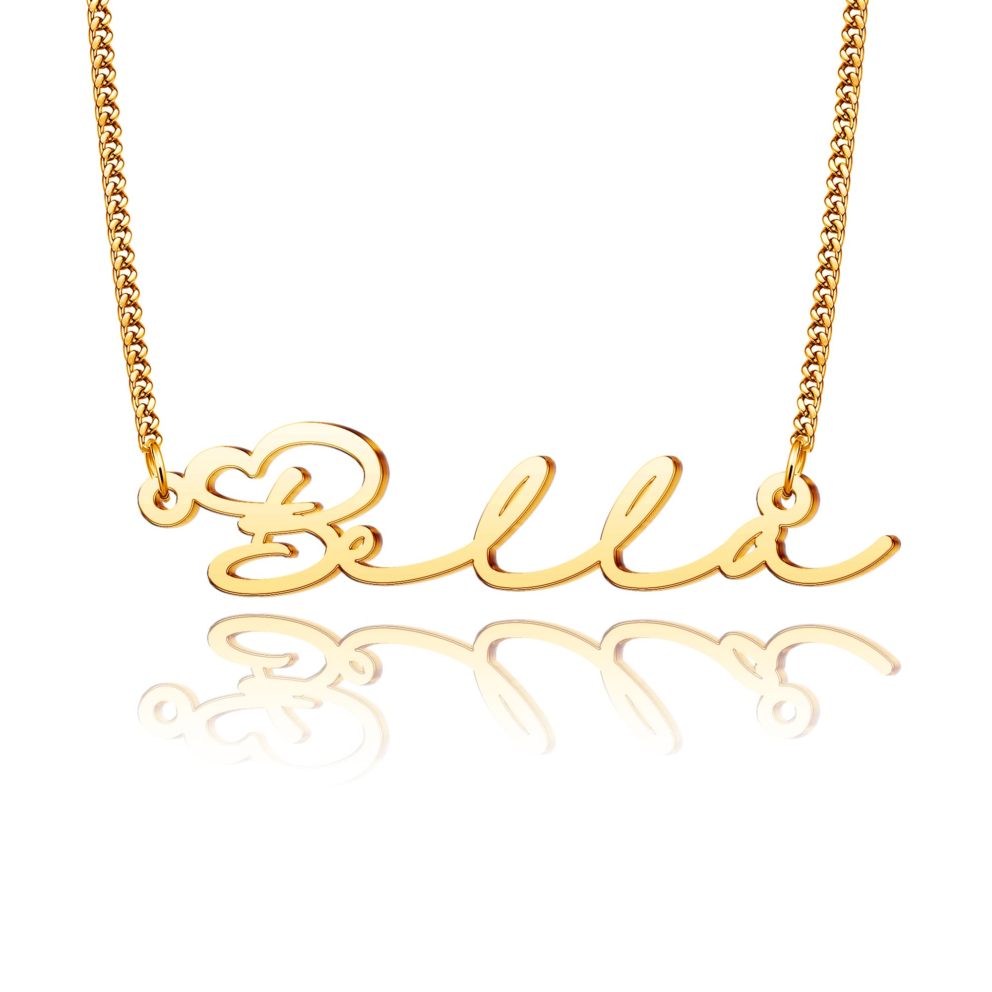 QeenseKc Gold Bella Name Necklace Personalized Heart Initial Charm Pendant Jewelry for Women Christmas Gift