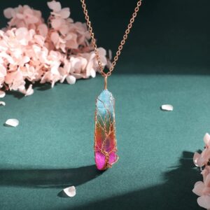 MAIBAOTA Chakra Necklace Life Tree Necklaces for Women Rainbow Necklace Natural Crystal Necklace Rold Plated Wire Wrapped Stone Pendant Necklace