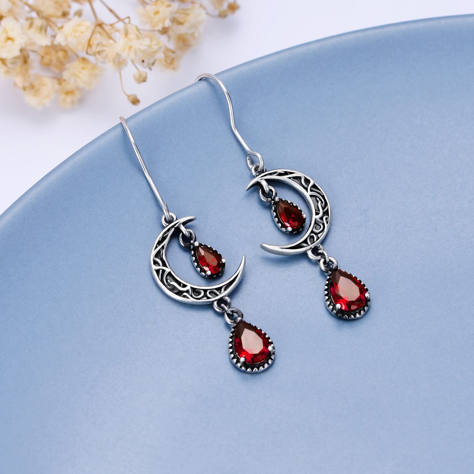 VONALA Celtic Moon Earrings 925 Sterling Silver Created Ruby Dangle Earrings for Women Red Ruby Dangling Earrings Ruby Jewelry Gifts for Women